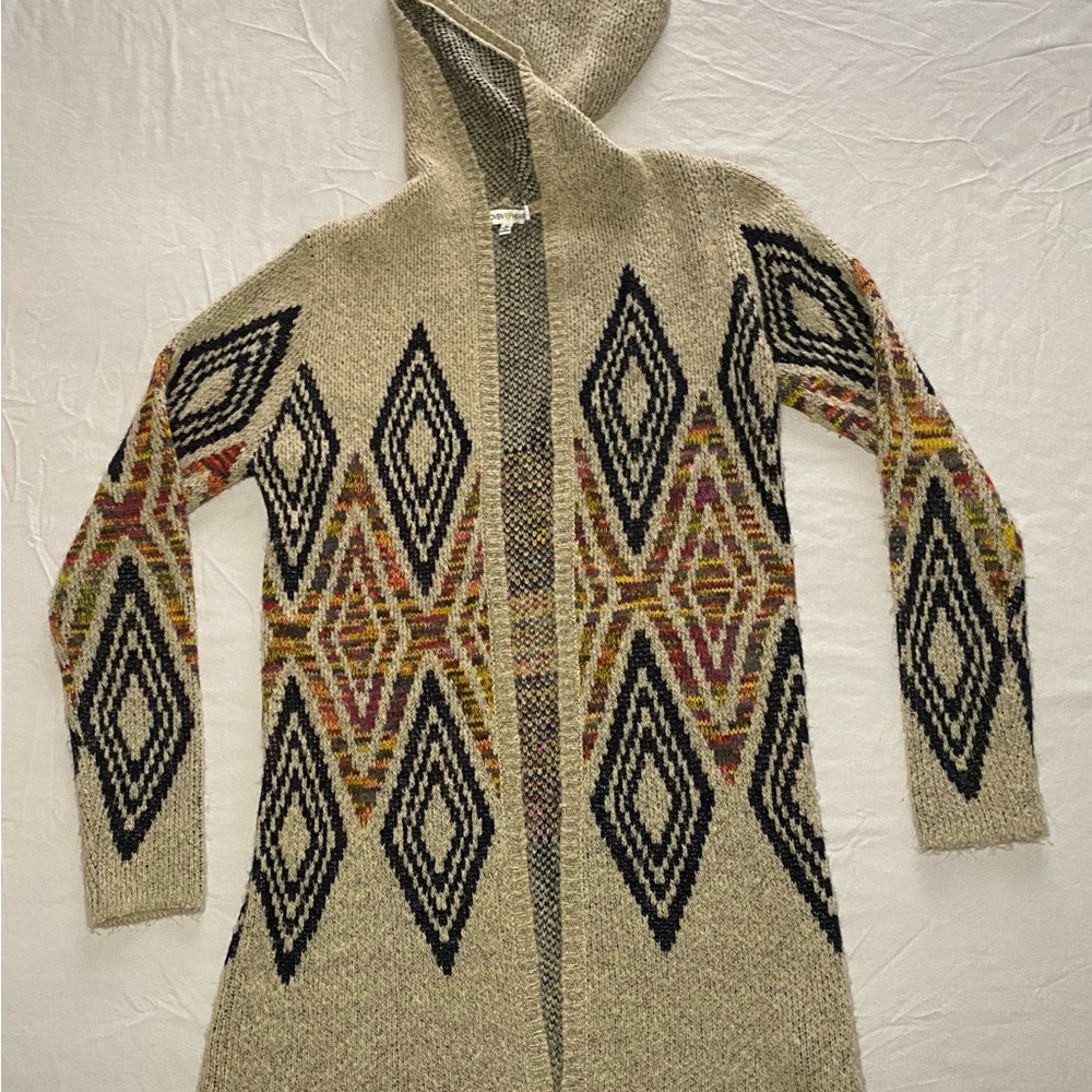 Anthropologie Woven Heart Open Hooded Cardigan Sweater Size S Beige Boho